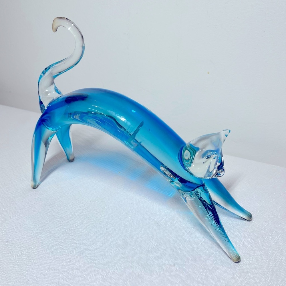 MURANO GLASS Blue Stretching Cat Figurine.